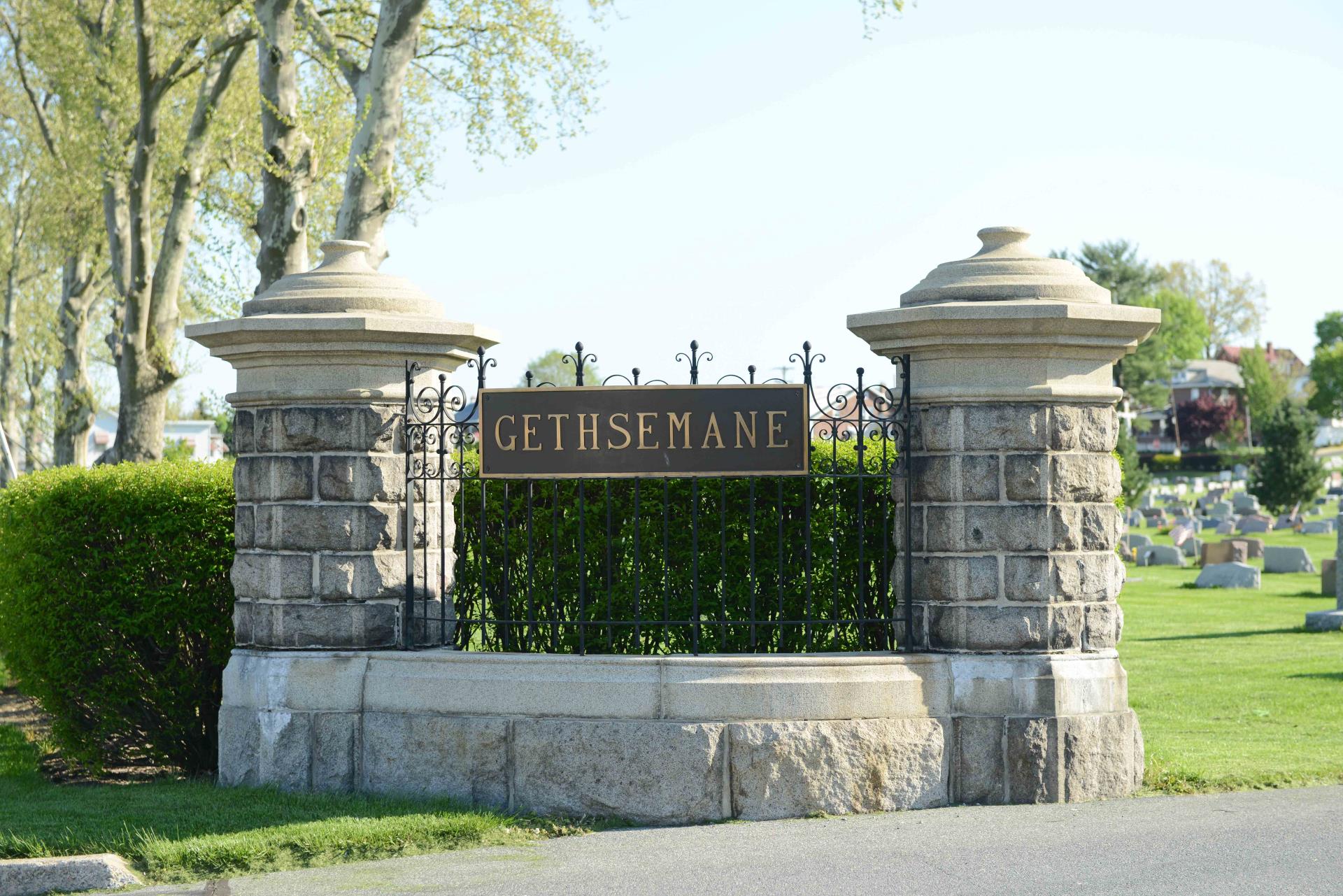 Gethsemane Cemetery entrance pillars with sign